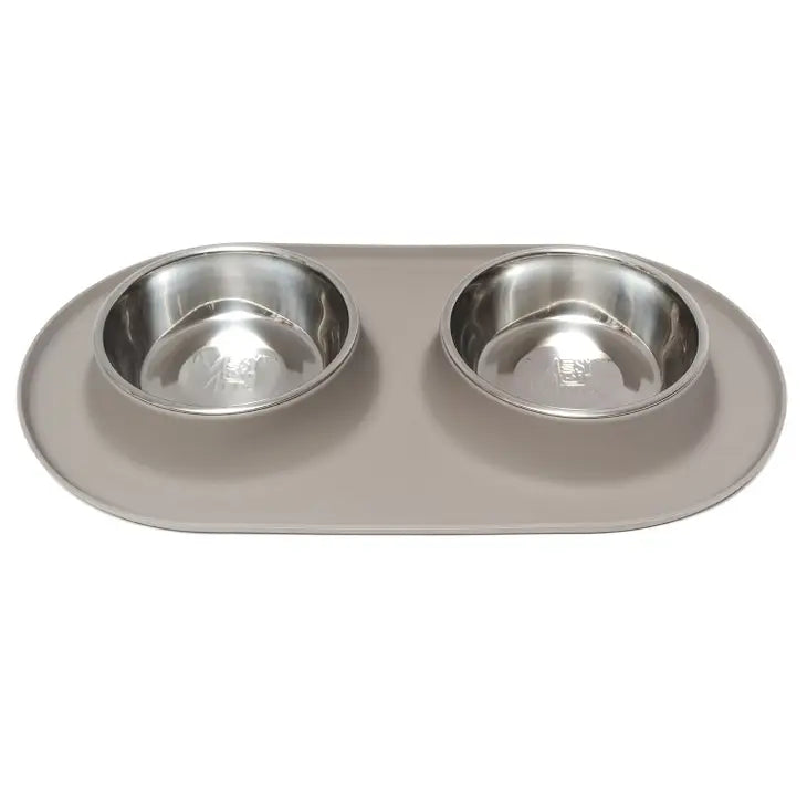 Double Silicone Feeder with Stainless Bowls, X Large, 6 Cups Per Bowl, Grey