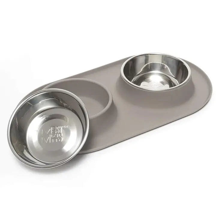Double Silicone Feeder with Stainless Bowls, X Large, 6 Cups Per Bowl, Grey