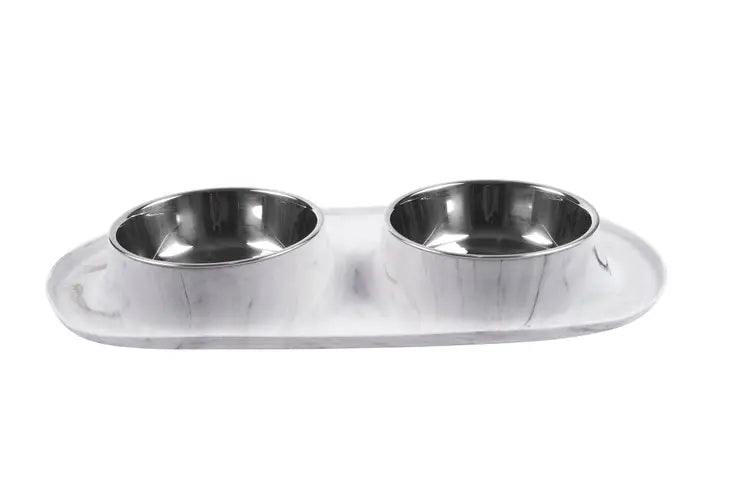Double Silicone Feeder with Stainless Bowls, Large, 3 Cups Per Bowl, Marble